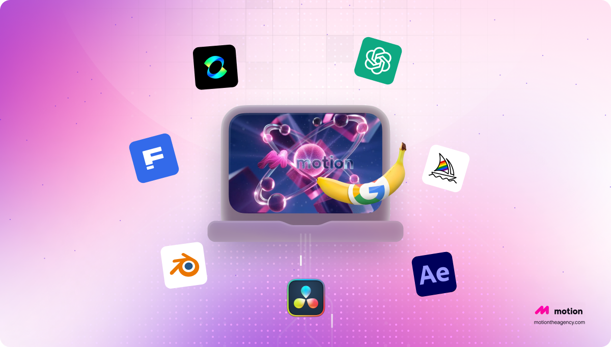 Illustration of a laptop displaying motion graphics, a banana with a Google logo stuck to the screen, and floating app icons (DaVinci Resolve, After Effects, Blender, Figma, OpenAI) on a pink-to-purple dotted gradient background