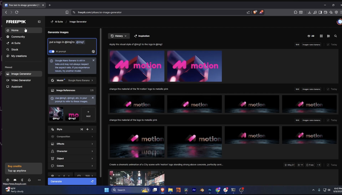 Freepik AI image generator interface showing a prompt, image references, and generated motion-logo thumbnails on a dark UI
