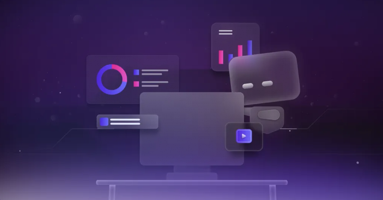 Robot character working at a computer with charts and graphs on a dark purple background representing AI-assisted animation and data visualization