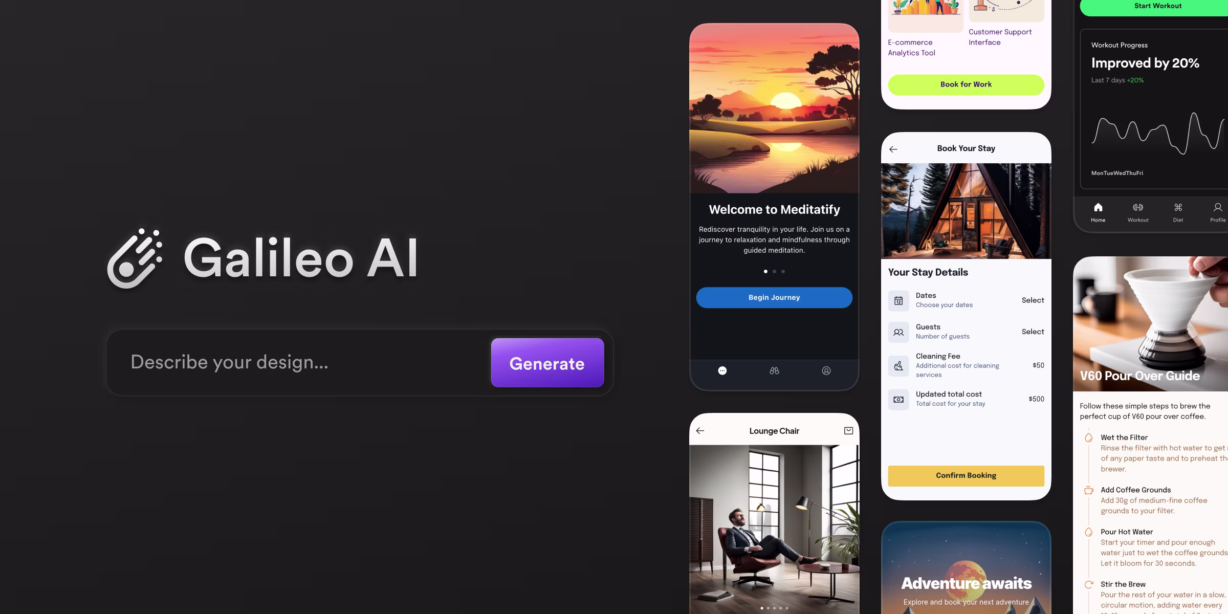 A collage showcasing the interface of Galileo AI, featuring a design input field, mobile app screens for meditation, booking stays, workout progress, and a coffee brewing guide, all set against a dark background.