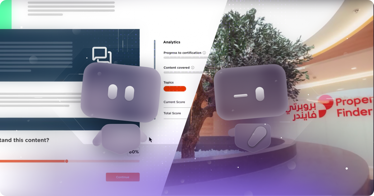 “Split-screen visual showing animated training analytics on the left and a corporate office scene on the right, representing onboarding video production with Motion The Agency’s 3D robot icons.”