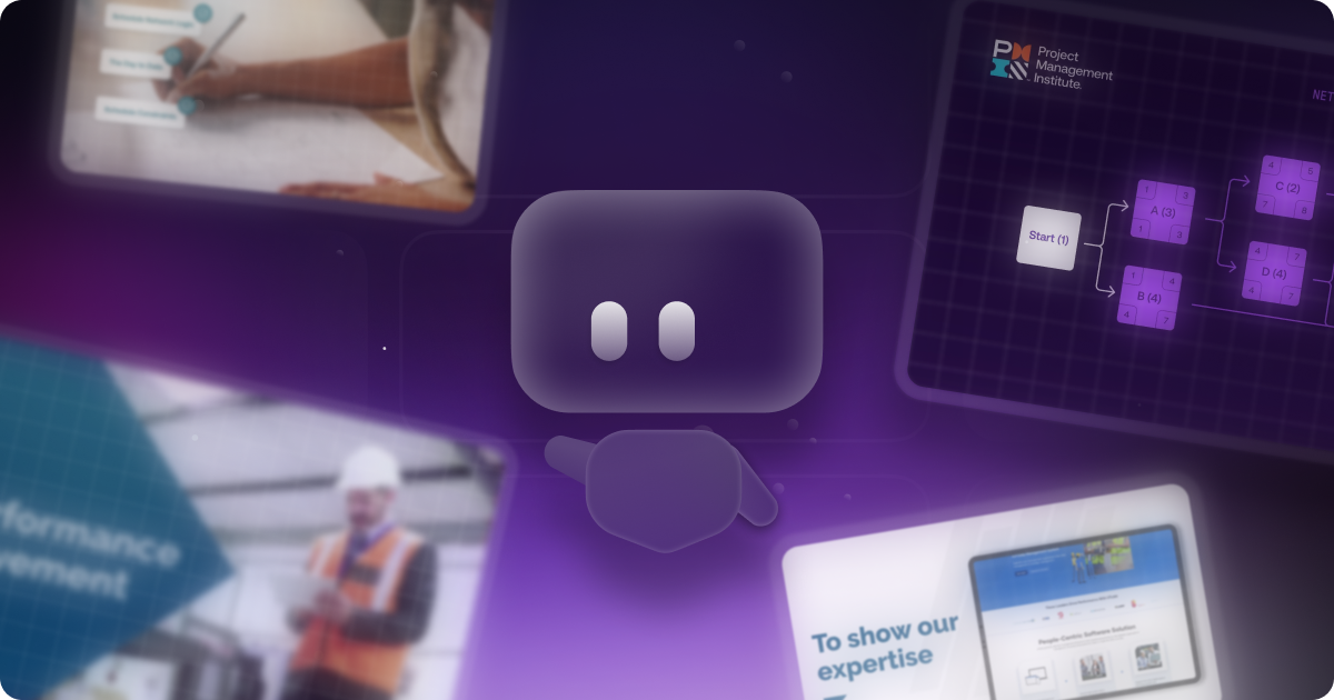 "A purple animated robot character centered on a dark gradient background, surrounded by blurred frames of training videos, project diagrams, and workplace footage representing different styles of instructional and explainer content