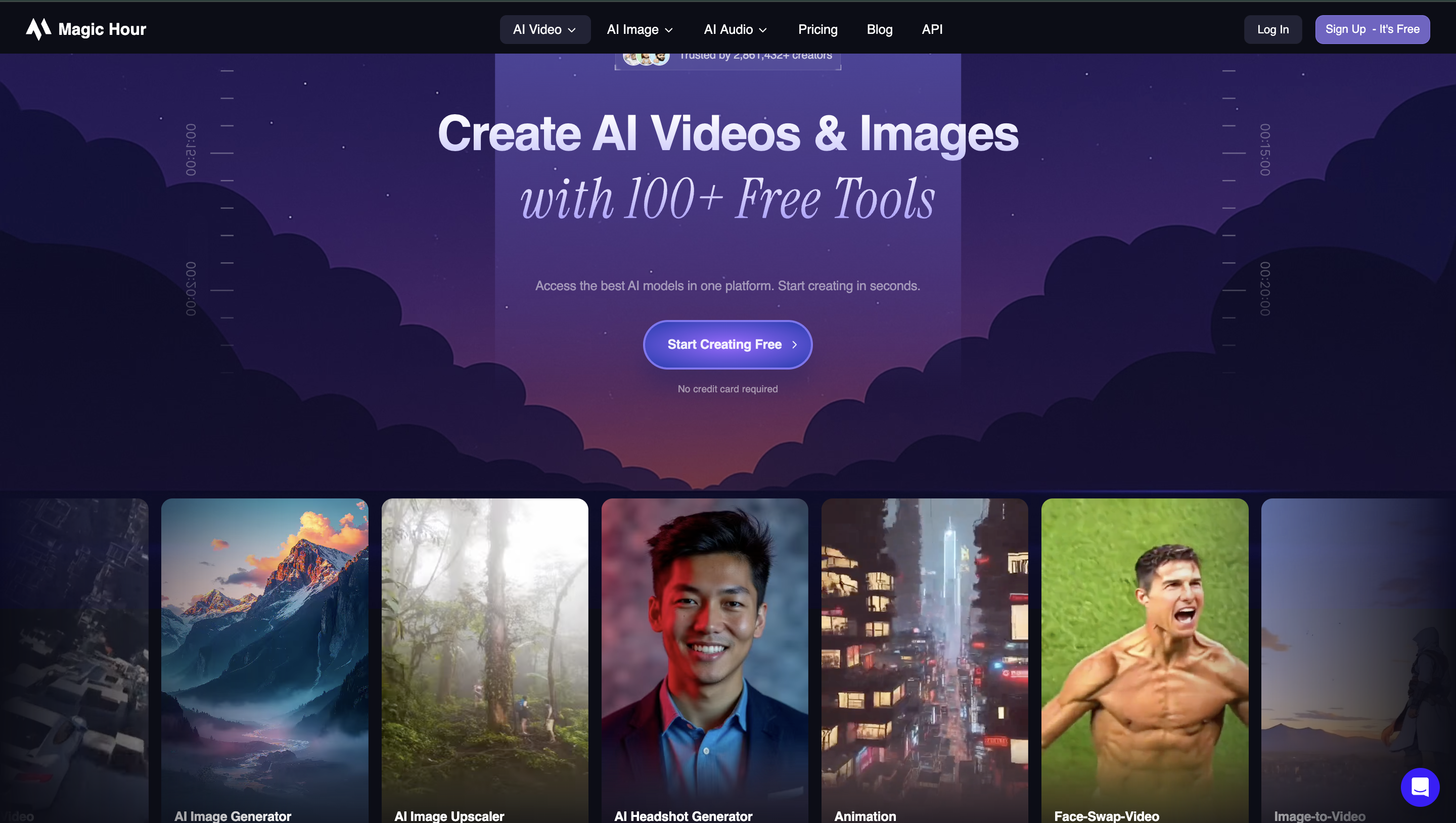 Magic Hour homepage showing the headline ‘Create AI Videos and Images with 100+ Free Tools’ with a purple gradient background, clouds, and a button that says ‘Start Creating Free.’ Below the hero section are preview cards for tools like AI Image Generator, AI Image Upscaler, AI Headshot Generator, Animation, and Face-Swap Video.