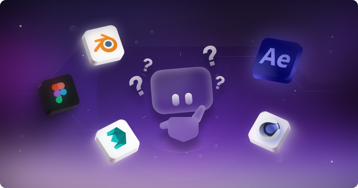 Illustration of a purple character surrounded by various icons representing different design and animation software, such as Blender, After Effects, and others, with question marks above it.