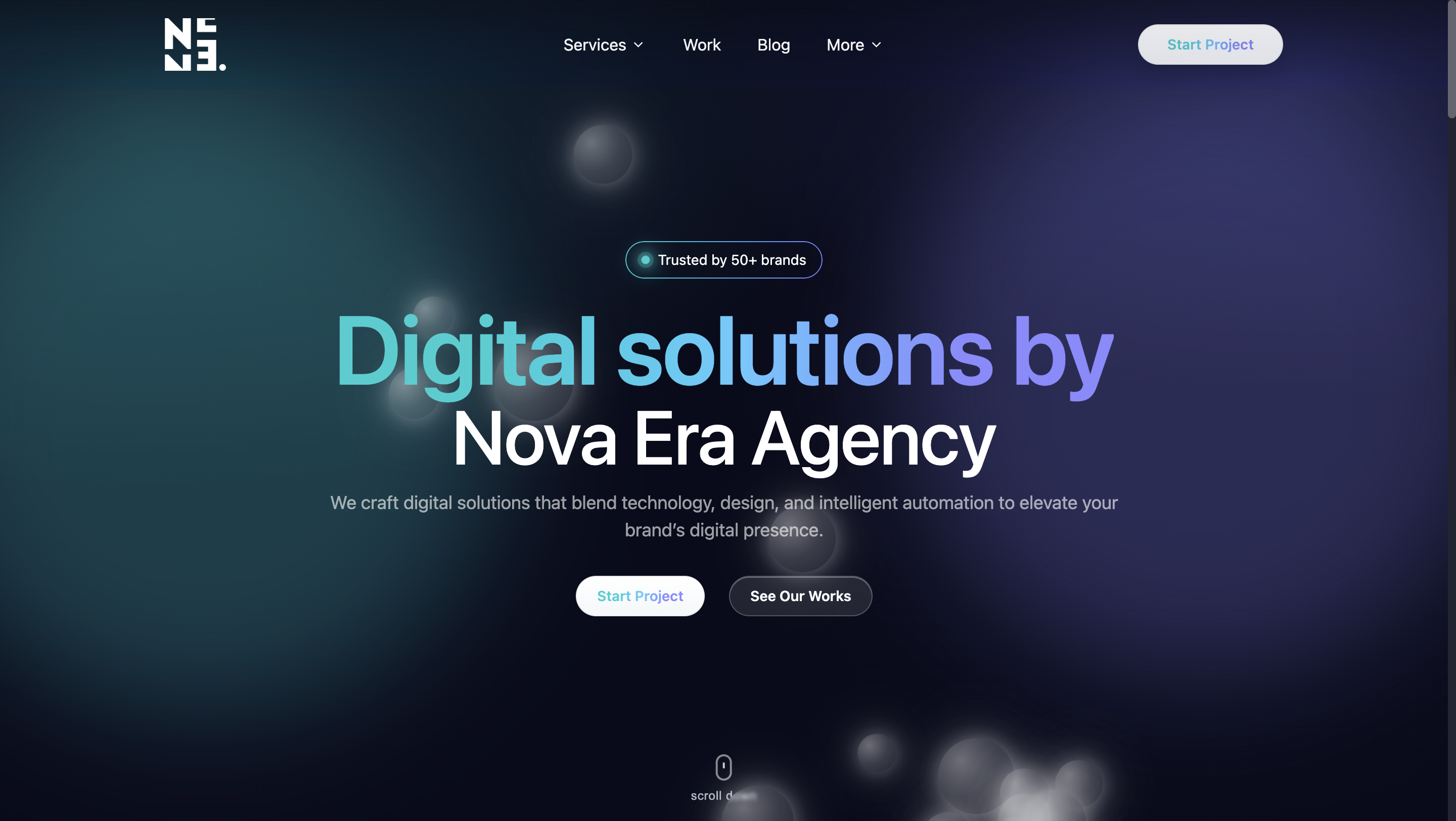 Homepage of Nova Era Agency showing a dark gradient background with glowing orbs, headline text reading ‘Digital solutions by Nova Era Agency,’ and buttons for Start Project and See Our Works.