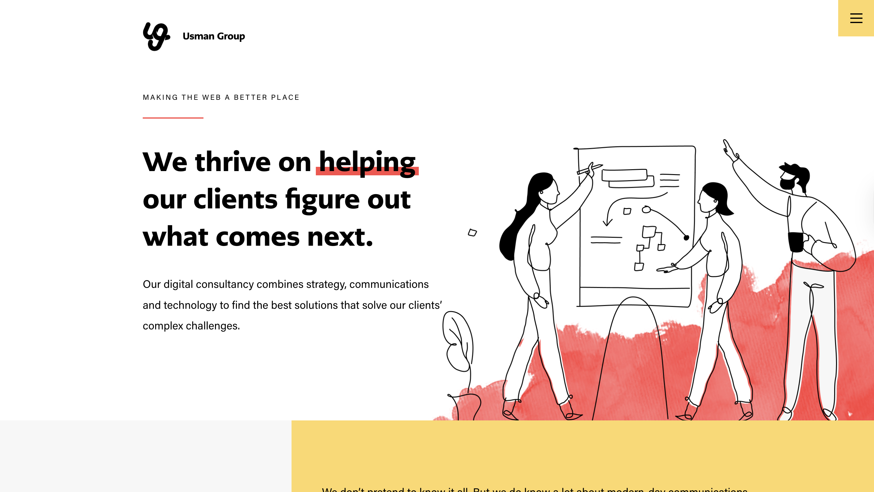 Usman Group website section showing the headline ‘We thrive on helping our clients figure out what comes next,’ with an illustration of three people collaborating in front of a presentation board.