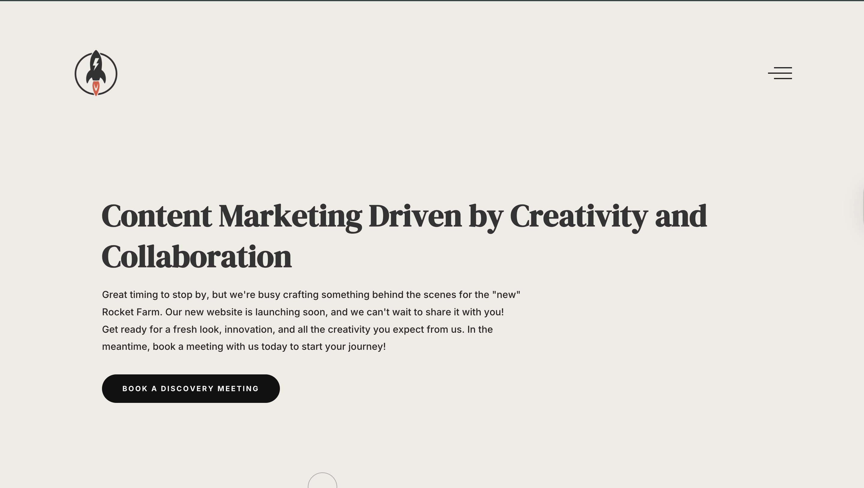 Rocket Farm website section with the headline ‘Content Marketing Driven by Creativity and Collaboration,’ supporting text about a new website launch, and a button labeled ‘Book a Discovery Meeting.