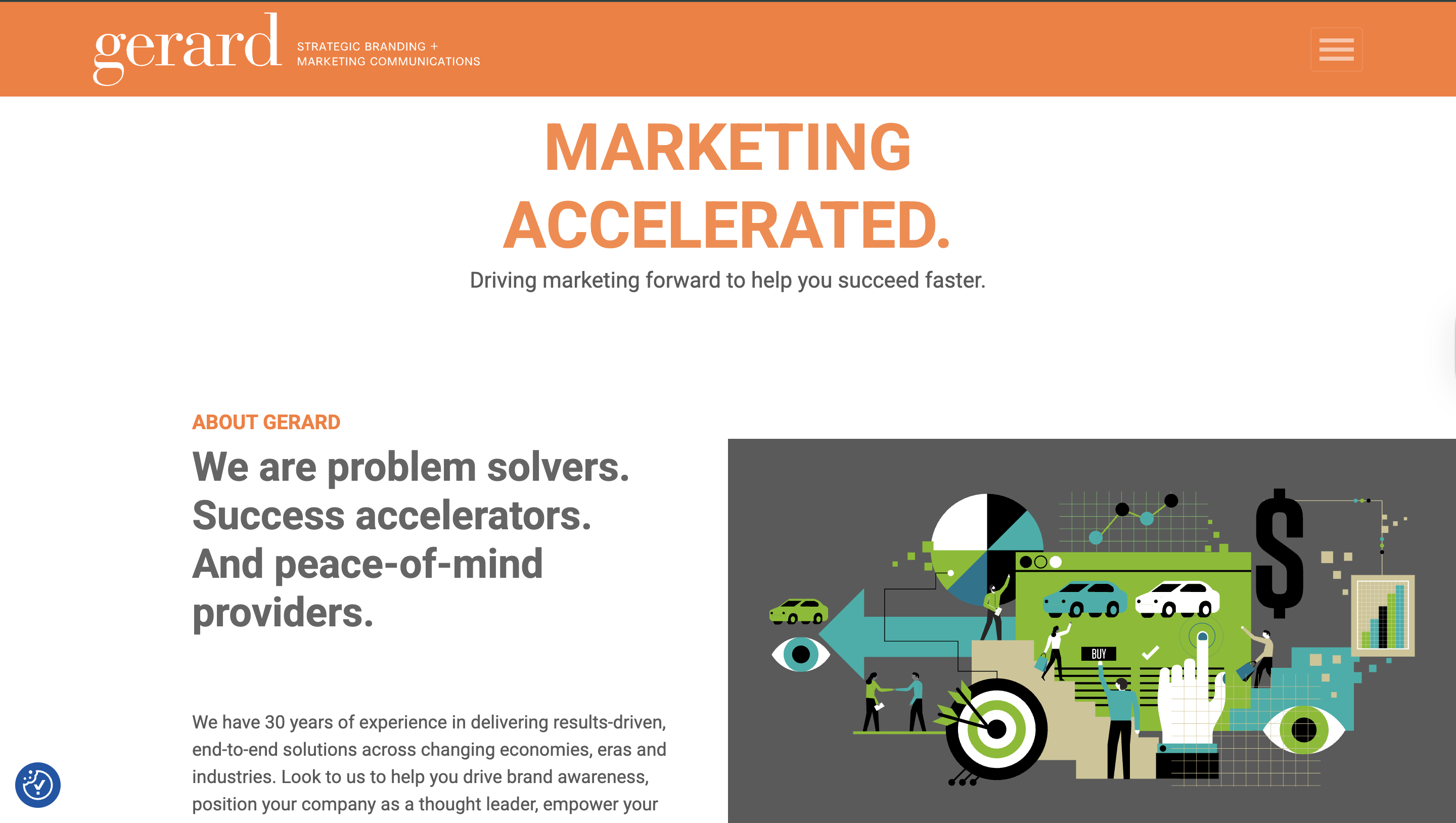 Gerard agency website hero section with the headline ‘Marketing Accelerated,’ subheading about driving marketing forward, and an illustration showing graphs, charts, cars, and people representing strategic branding and marketing communications.