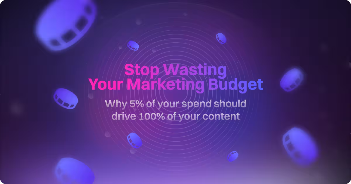 Conceptual marketing graphic on a dark purple background with concentric circles and floating 3D capsule shapes. The central text reads "Stop Wasting Your Marketing Budget" in bold pink and blue letters, followed by the subtext "Why 5% of your spend should drive 100% of your content."