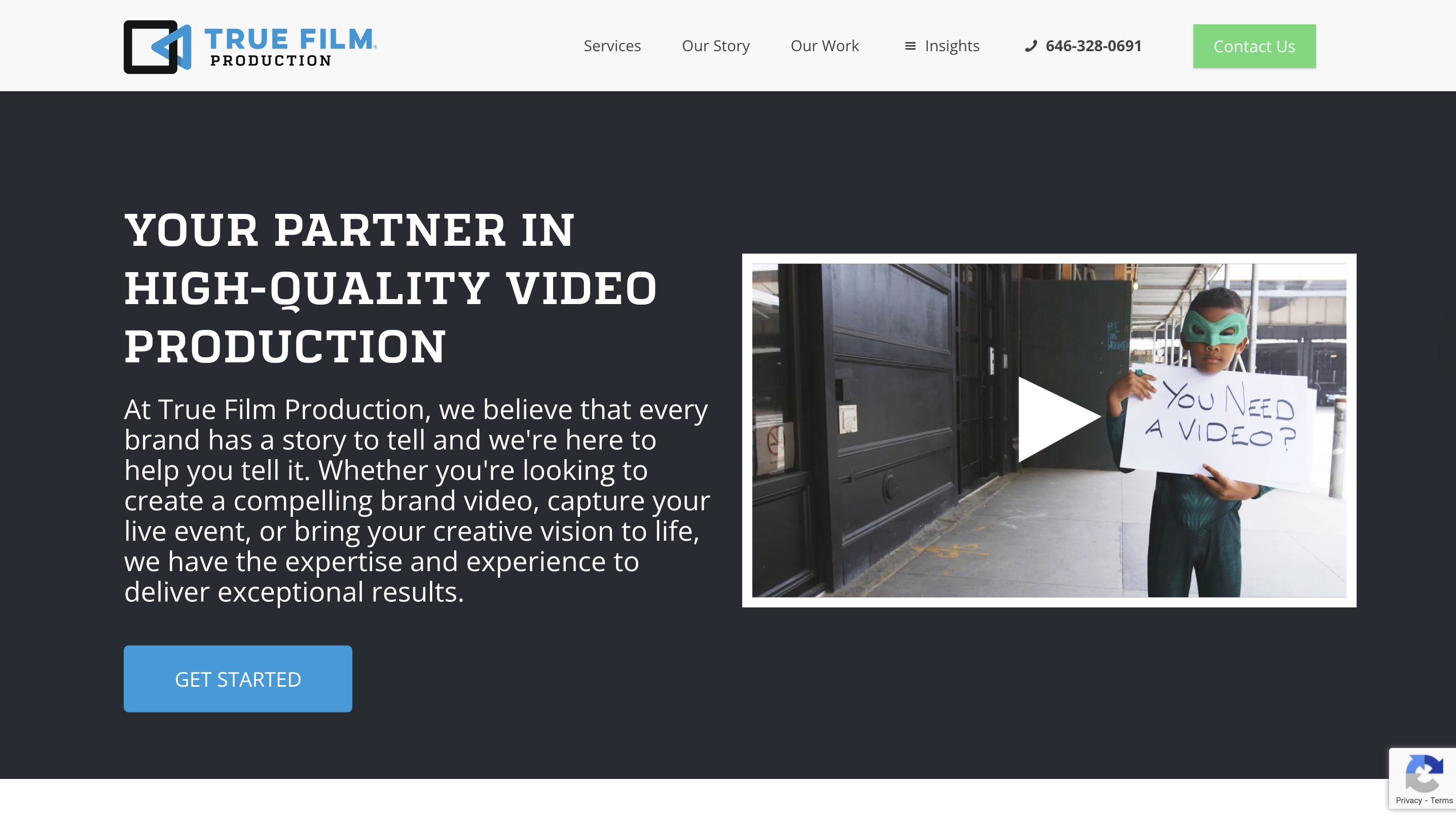 True Film Production video preview featuring a person in costume holding a “You need a video?” sign on a city street.