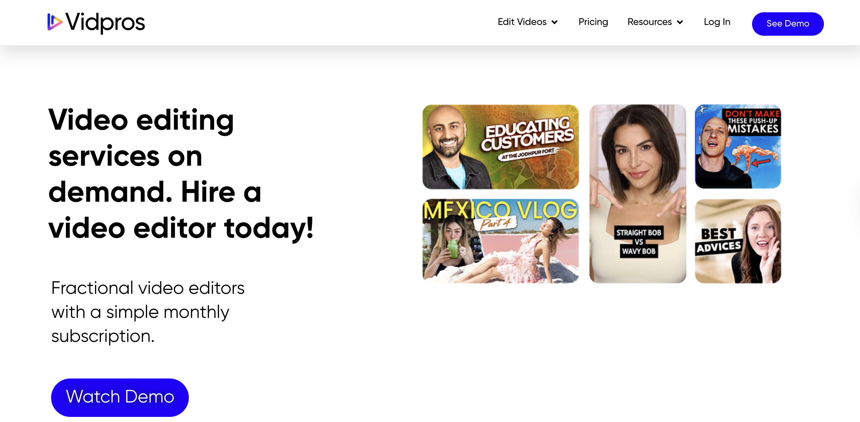Vidpros video editing subscription website featuring on-demand video editing services and sample content.