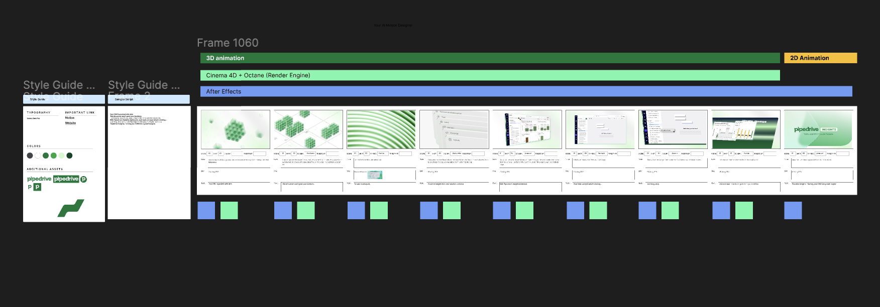 Explainer video storyboard and style guide layout showing 3D and 2D animation planning, including scene frames, motion notes, color references, and production tools used for animation workflows.