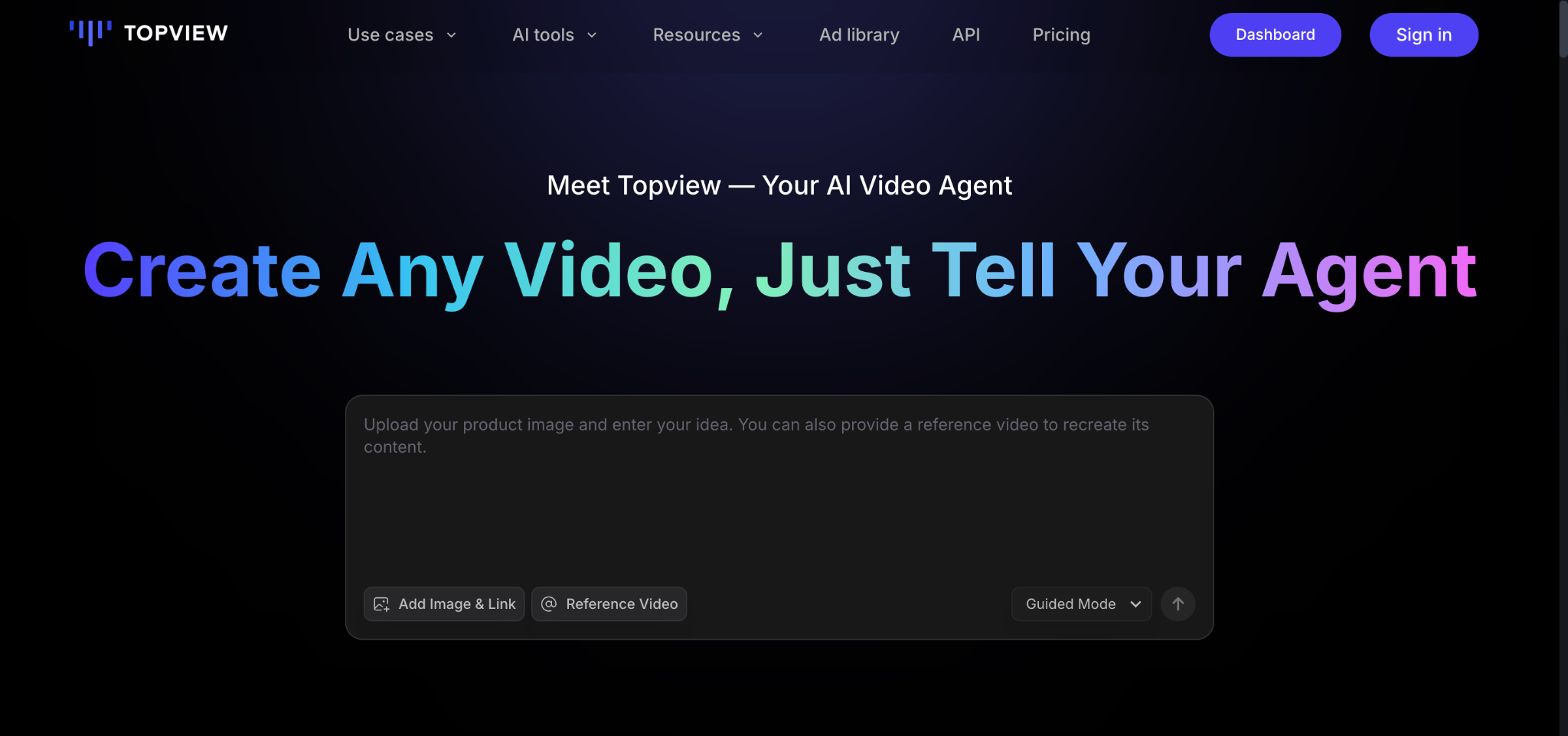 Topview AI landing page featuring an AI video agent interface with image upload and reference video options.