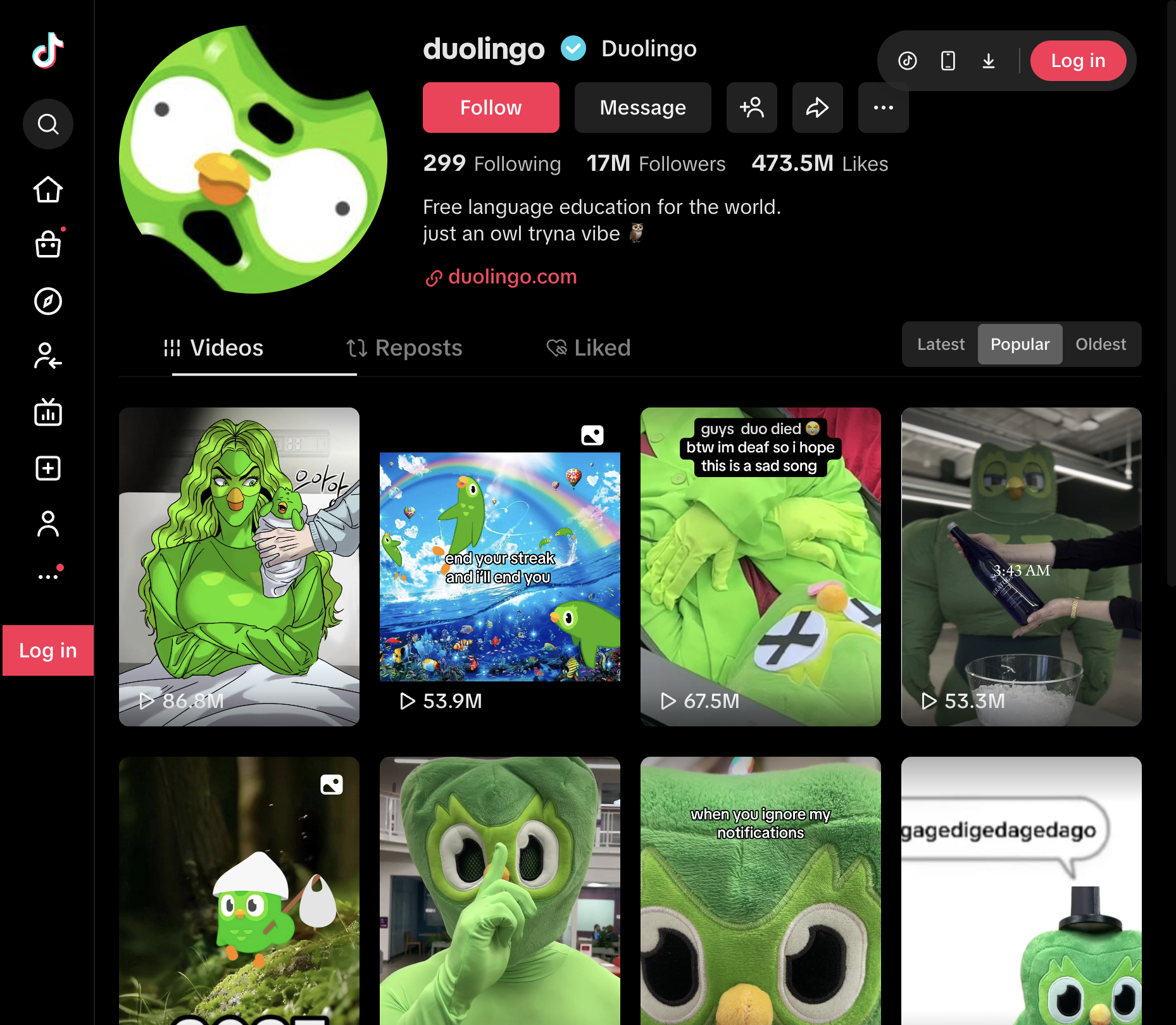 Screenshot of Duolingo’s TikTok profile showing 17 million followers and a grid of popular short-form videos featuring the green owl mascot in humorous and meme-style content.
