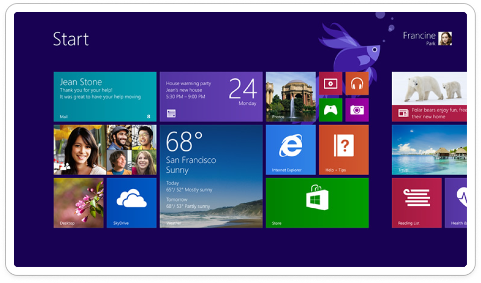 Windows 8 Start screen with live tiles showing various apps like Mail, Photos, Weather, and Internet Explorer, along with the user's profile and a purple background.