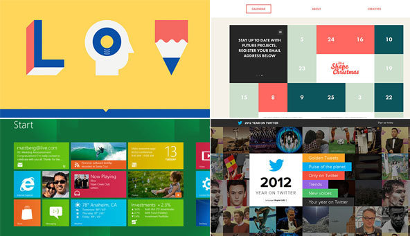 Collage showing four images: 1) A graphic design with the letters 'L' and 'O' and a pencil, 2) A calendar-style design with numbered boxes, 3) A Windows 8 Start screen featuring live tiles with weather and media apps, and 4) A Twitter '2012 Year in Review' screen displaying top tweets, trends, and media content.