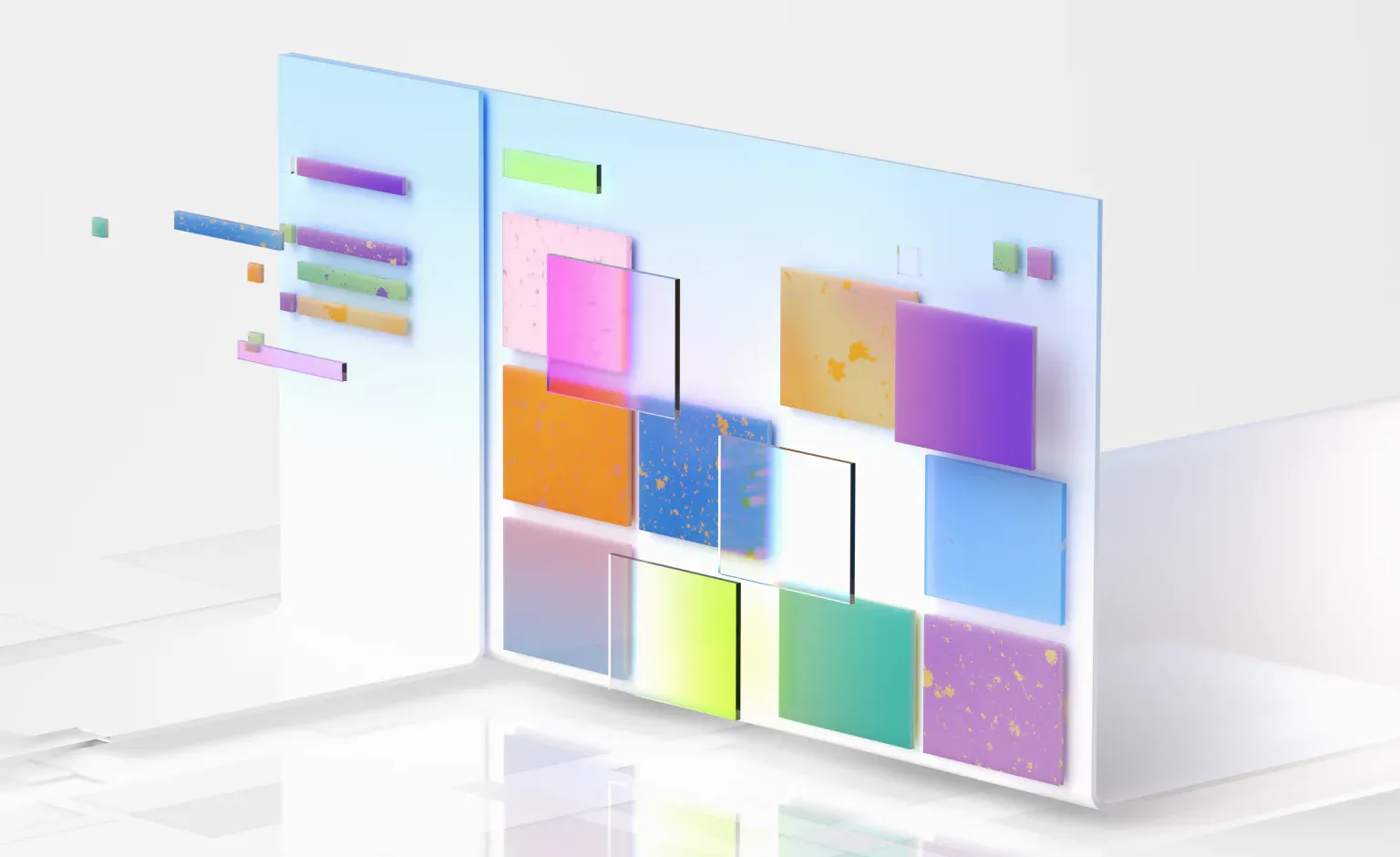 Abstract digital design featuring colorful geometric shapes, including squares and rectangles, arranged in a dynamic layout with soft gradients and translucent effects.