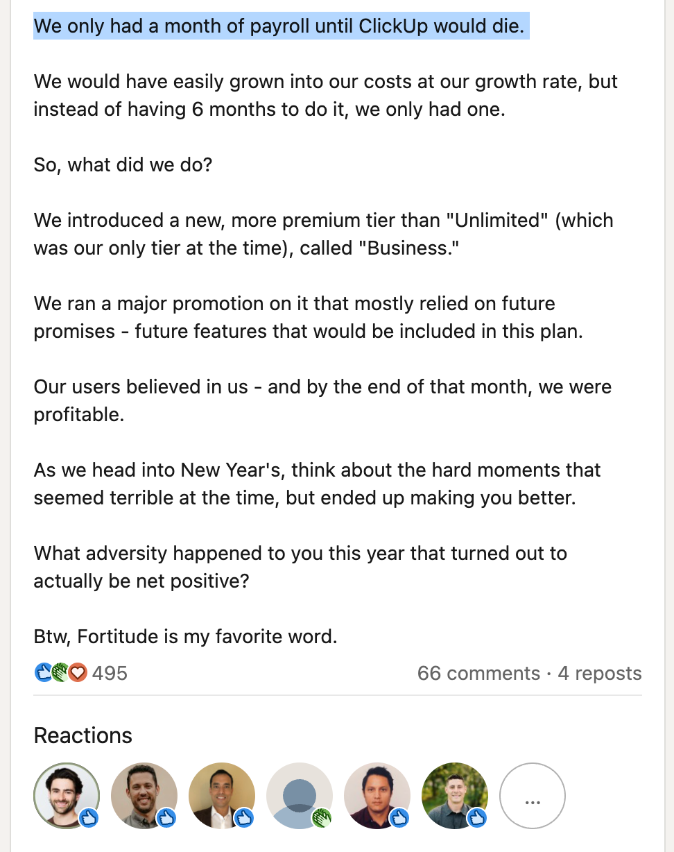 Screenshot of a LinkedIn post explaining how ClickUp nearly ran out of payroll before launching a new pricing tier that made the company profitable.