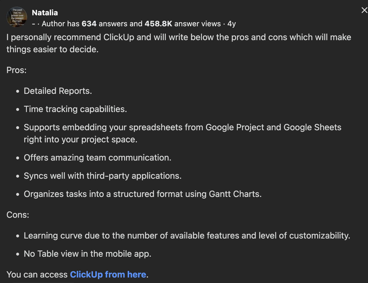 Screenshot of a Quora review recommending ClickUp, listing features like reporting, time tracking, integrations, and noting a learning curve.