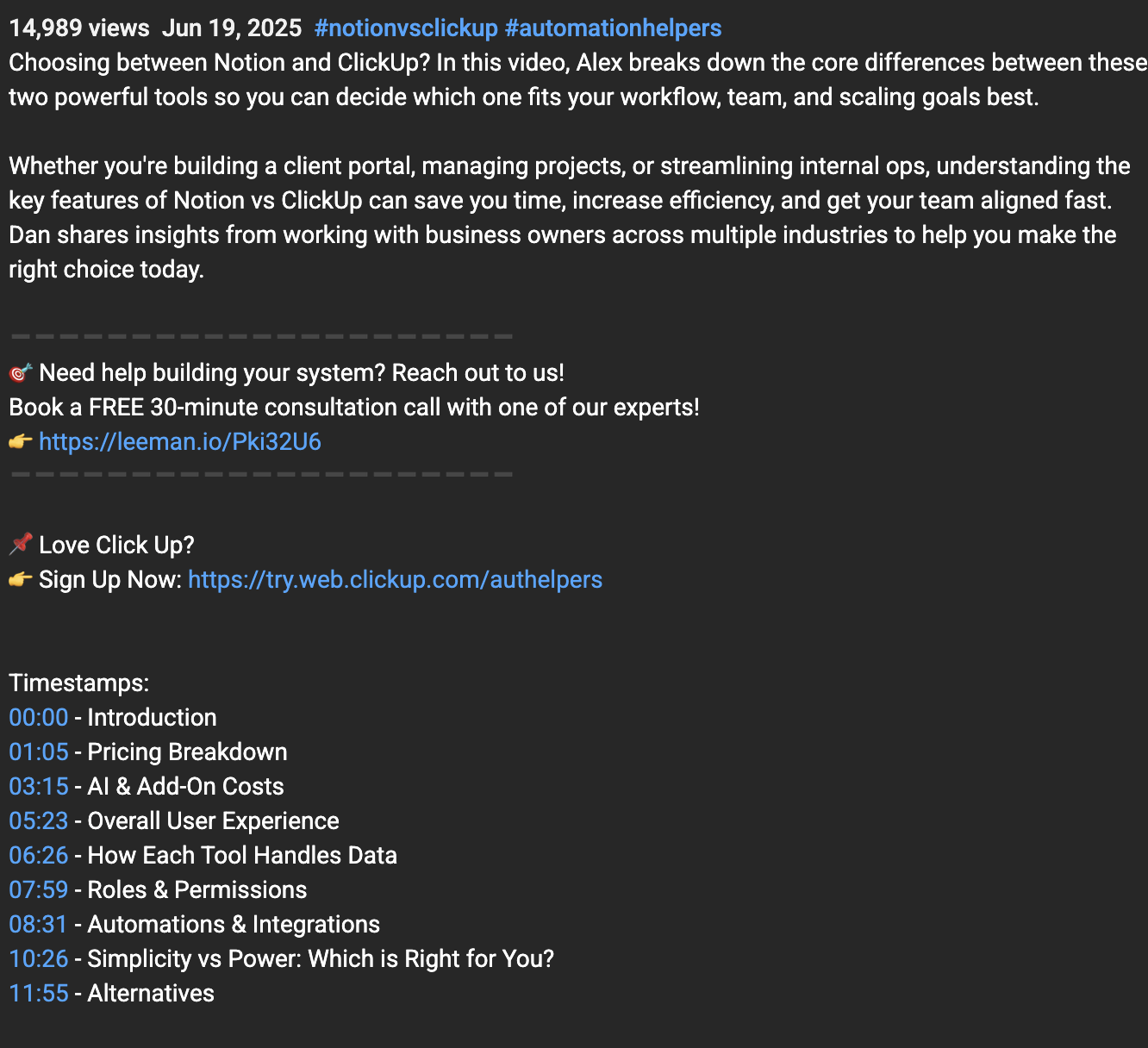 Screenshot of a YouTube video description discussing the differences between Notion and ClickUp with timestamps and consultation links.