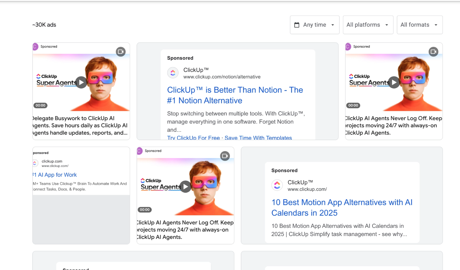 Screenshot of ClickUp’s Google Ads listings promoting ClickUp as a Notion alternative and highlighting AI features.