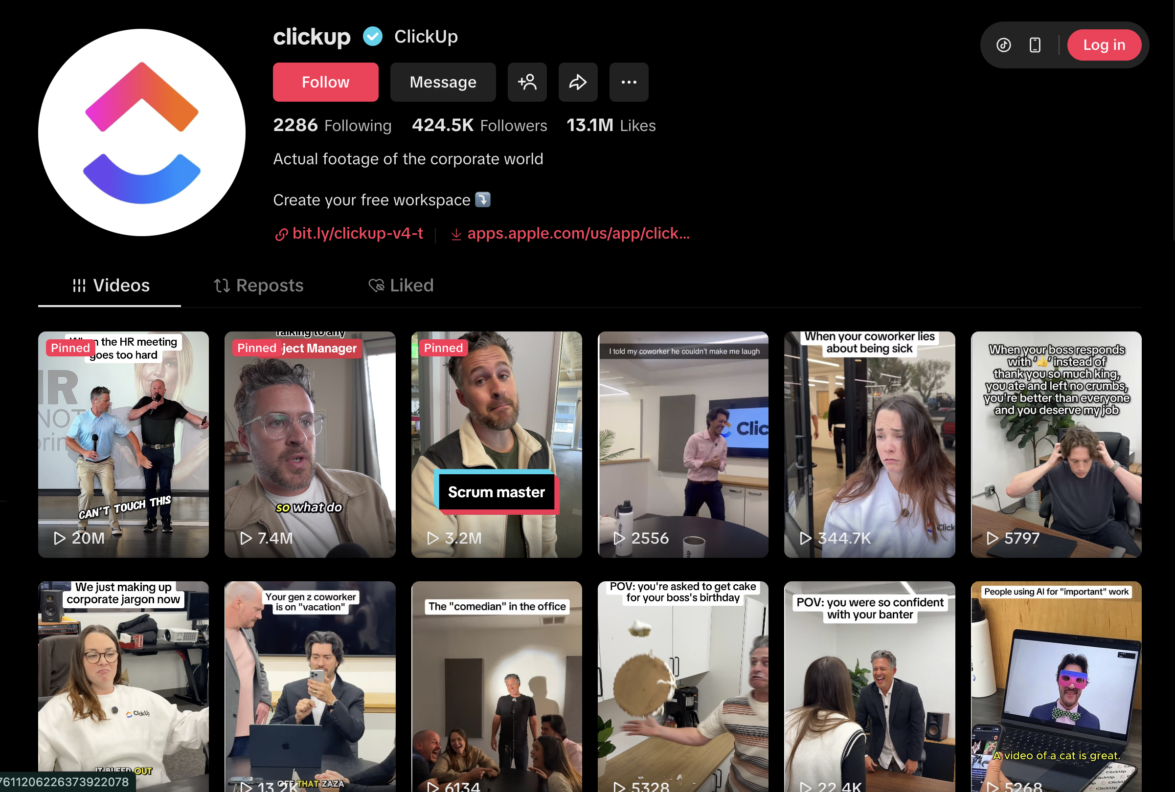 Screenshot of ClickUp’s TikTok account featuring viral office humor videos and short-form content about corporate work life.