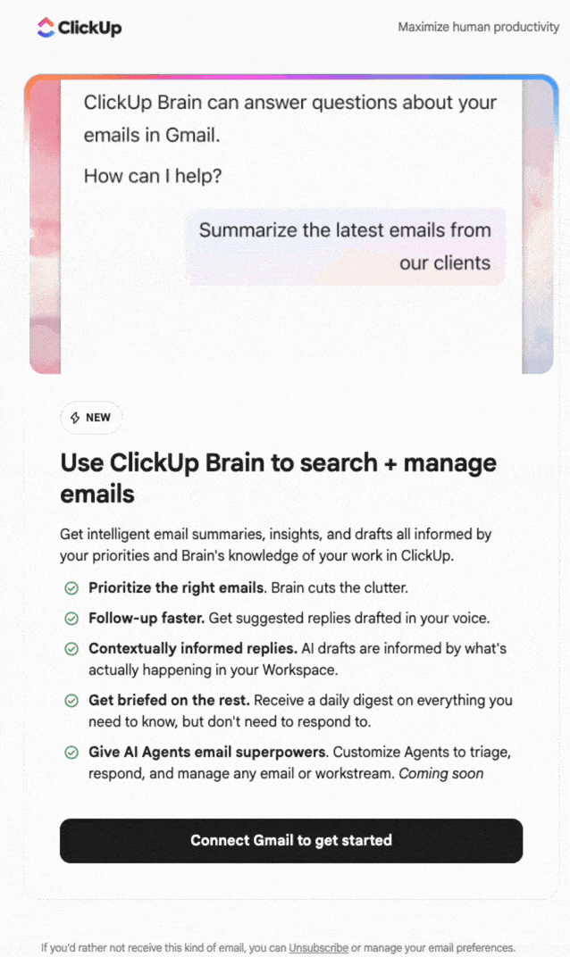 Screenshot of ClickUp Brain AI feature that summarizes emails, drafts replies, and prioritizes messages.
