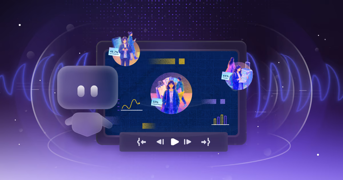 Speaker-shaped icon with sound waves radiating around a video player screen showing animated explainer video footage with data callouts, illustrating sound design for explainer videos