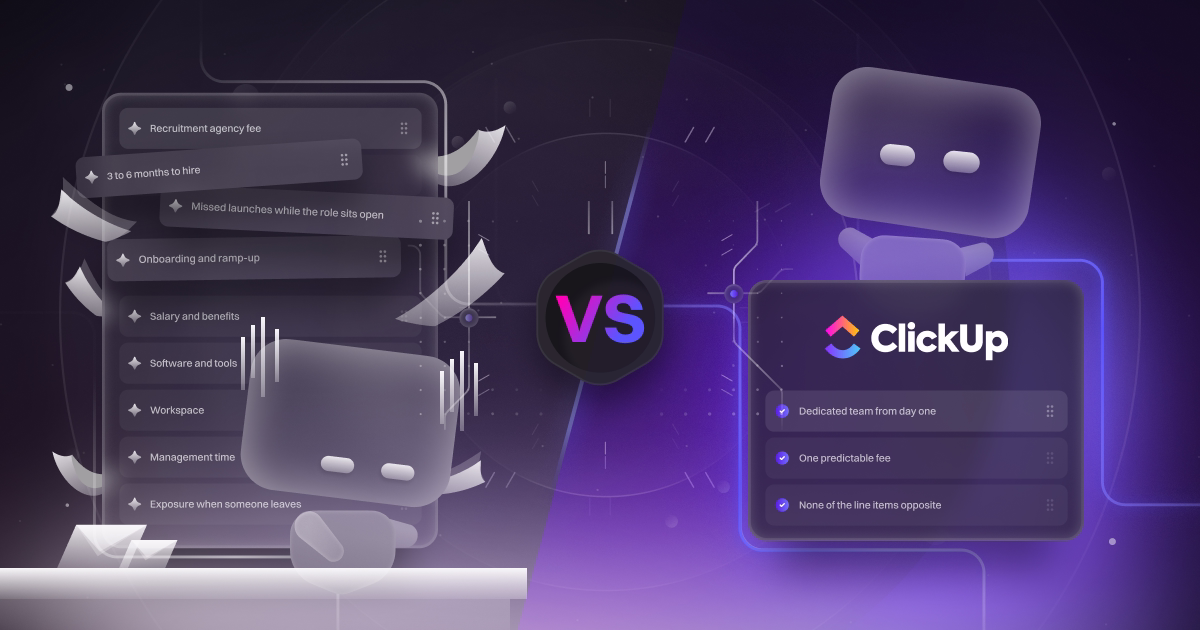 The stacked costs of hiring in-house on one side, versus ClickUp's subscription with Motion The Agency: a dedicated team from day one and one predictable fee