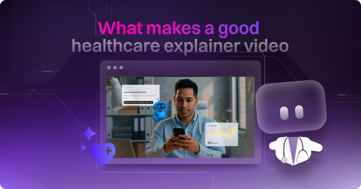 Healthcare explainer video showing a man using a health app beside an animated doctor and medical data.