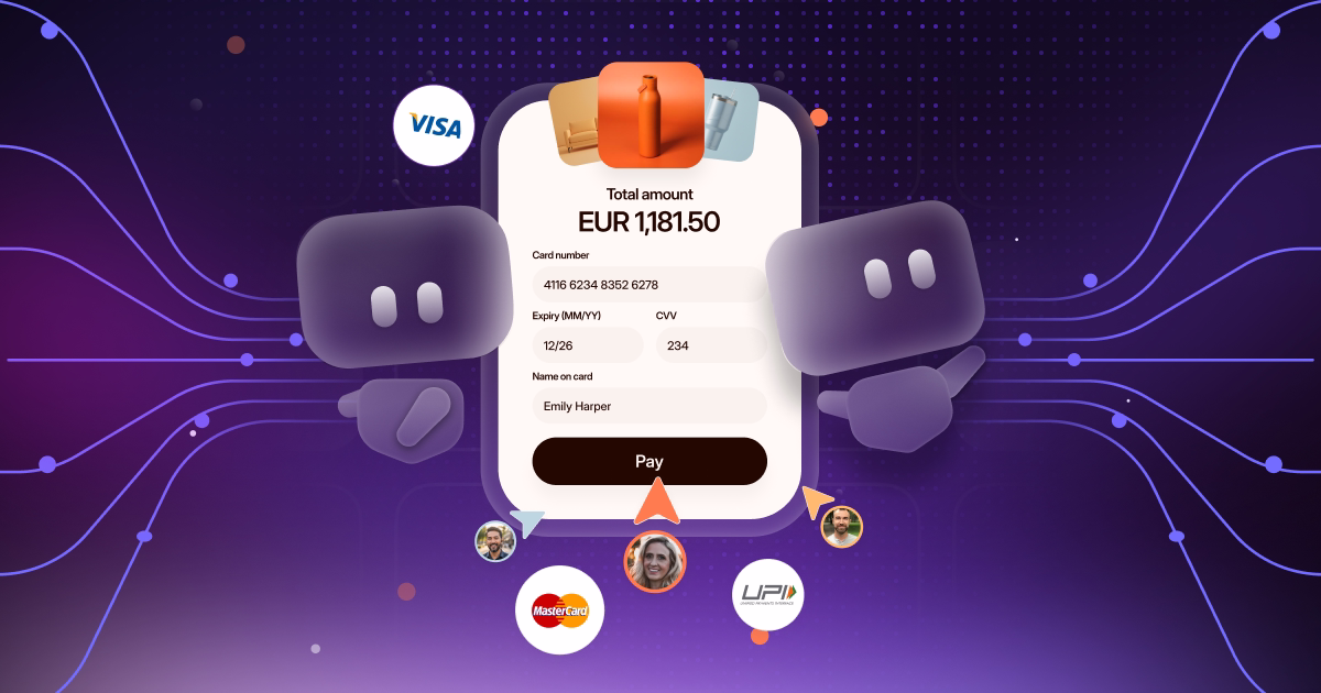 Fintech expaliner video showing an online payment screen with Visa, Mastercard and UPI logos, surrounded by animated characters.