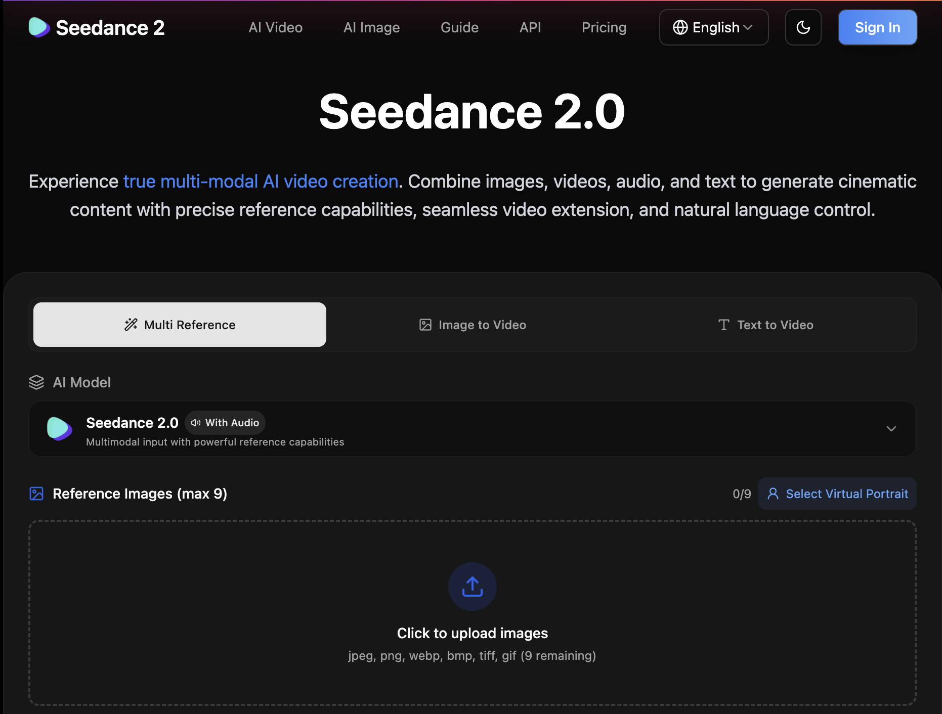 Seedance 2.0 AI video generator interface showing multi-reference, image-to-video, and text-to-video options.