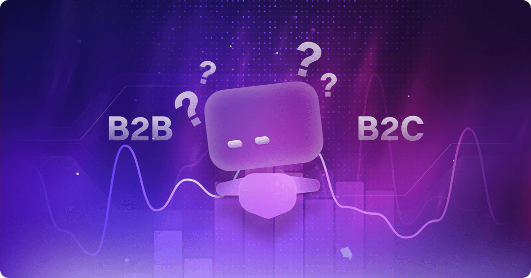 B2B and B2C comparison graphic with a confused character between both audience types.