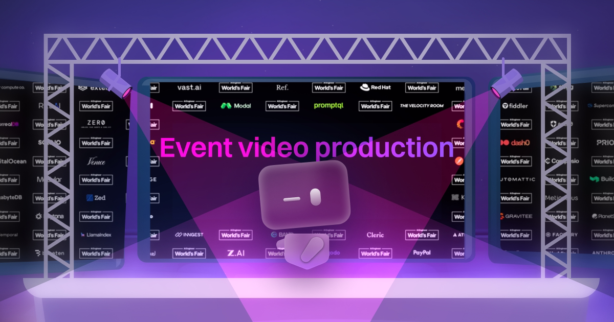 A futuristic event stage with purple lighting, a large screen showing “Event video production,” and sponsor logos displayed in the background.