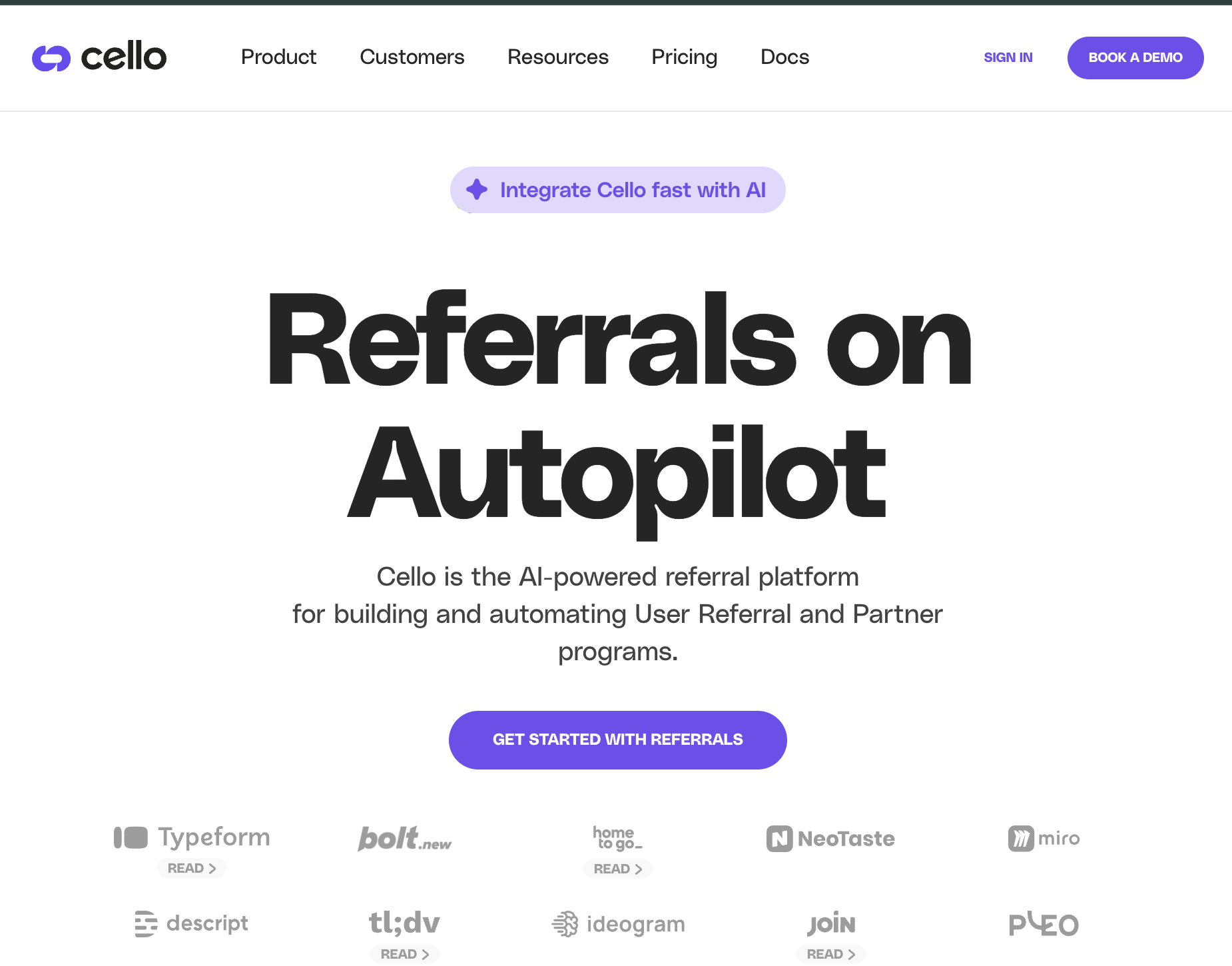 Cello homepage hero showing an AI-powered referral platform for automated referrals and partner programs.