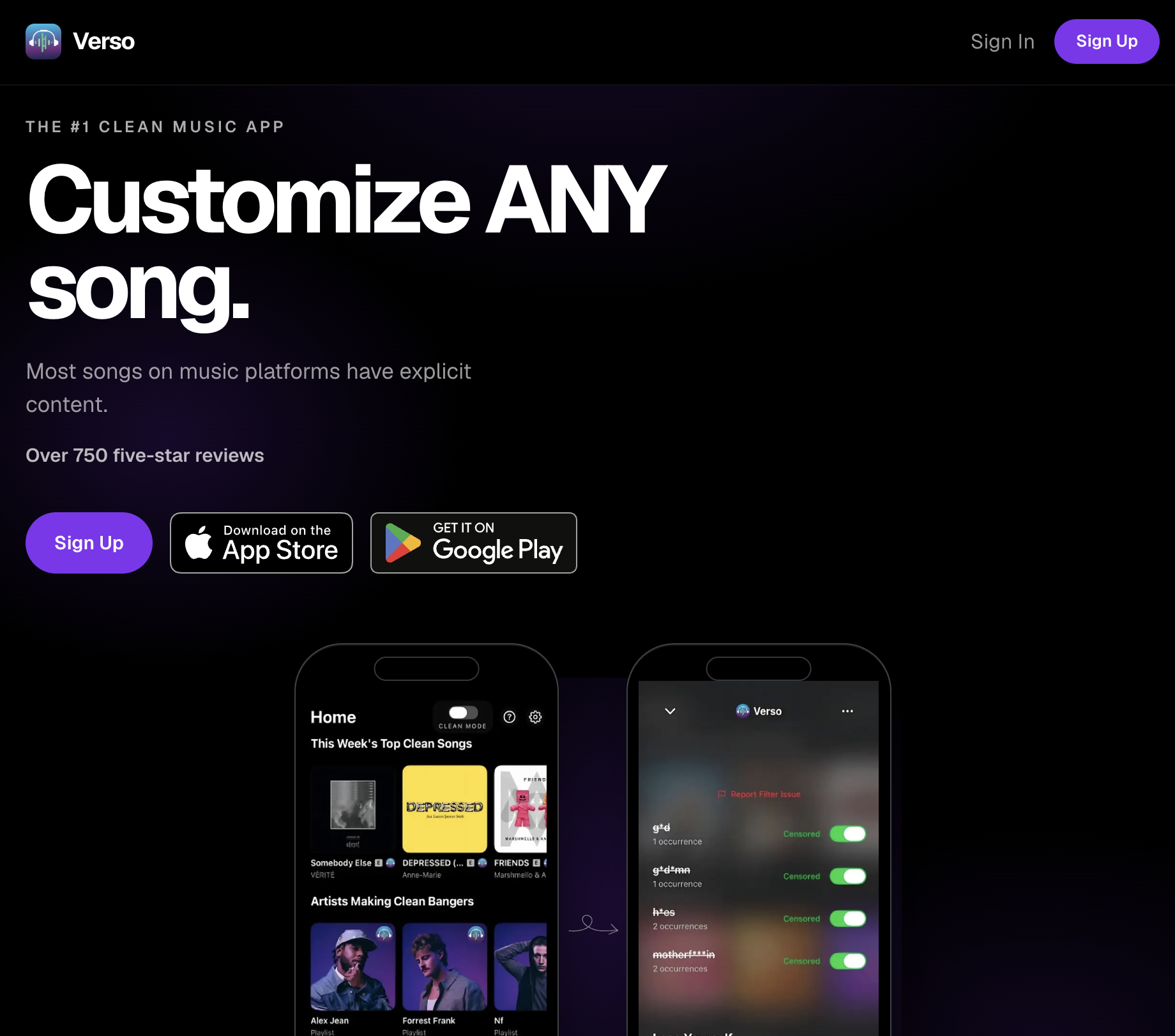 Verso music app homepage showing AI-powered song customization and content filtering on mobile devices.