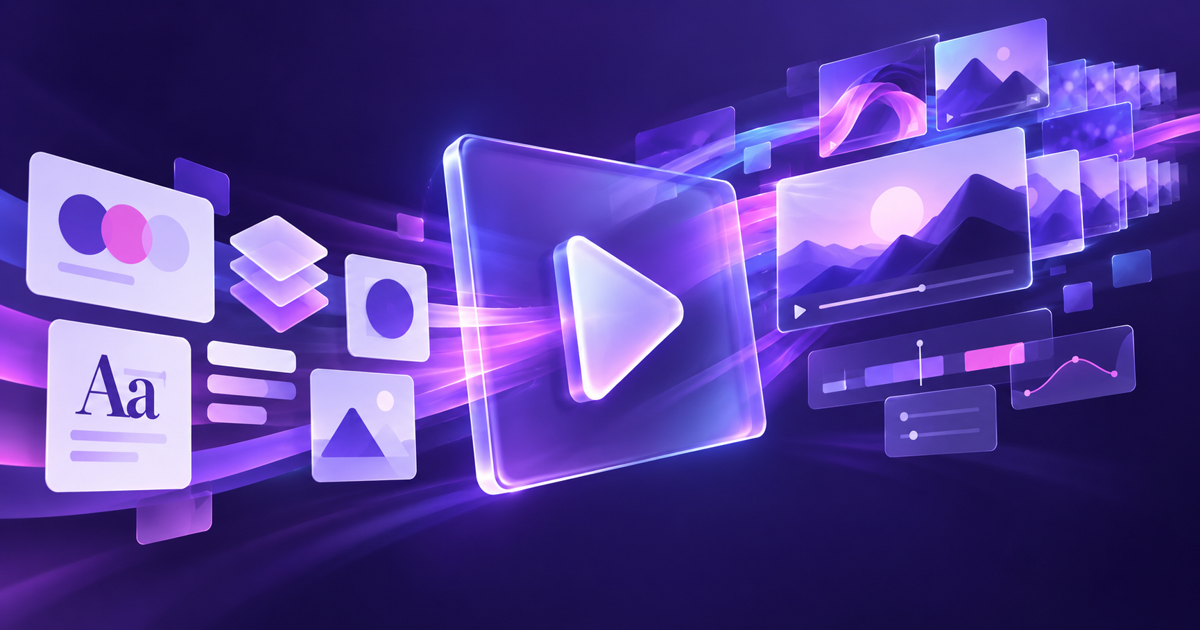 Abstract purple illustration representing brand video and motion design, with a central play button surrounded by animated graphics, design elements and video frames.