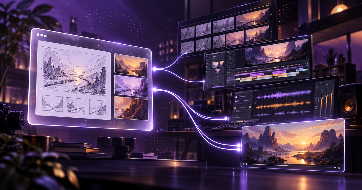A storyboard connects to animation and sound editing screens, showing how an outsourced creative team brings specialist skills together.