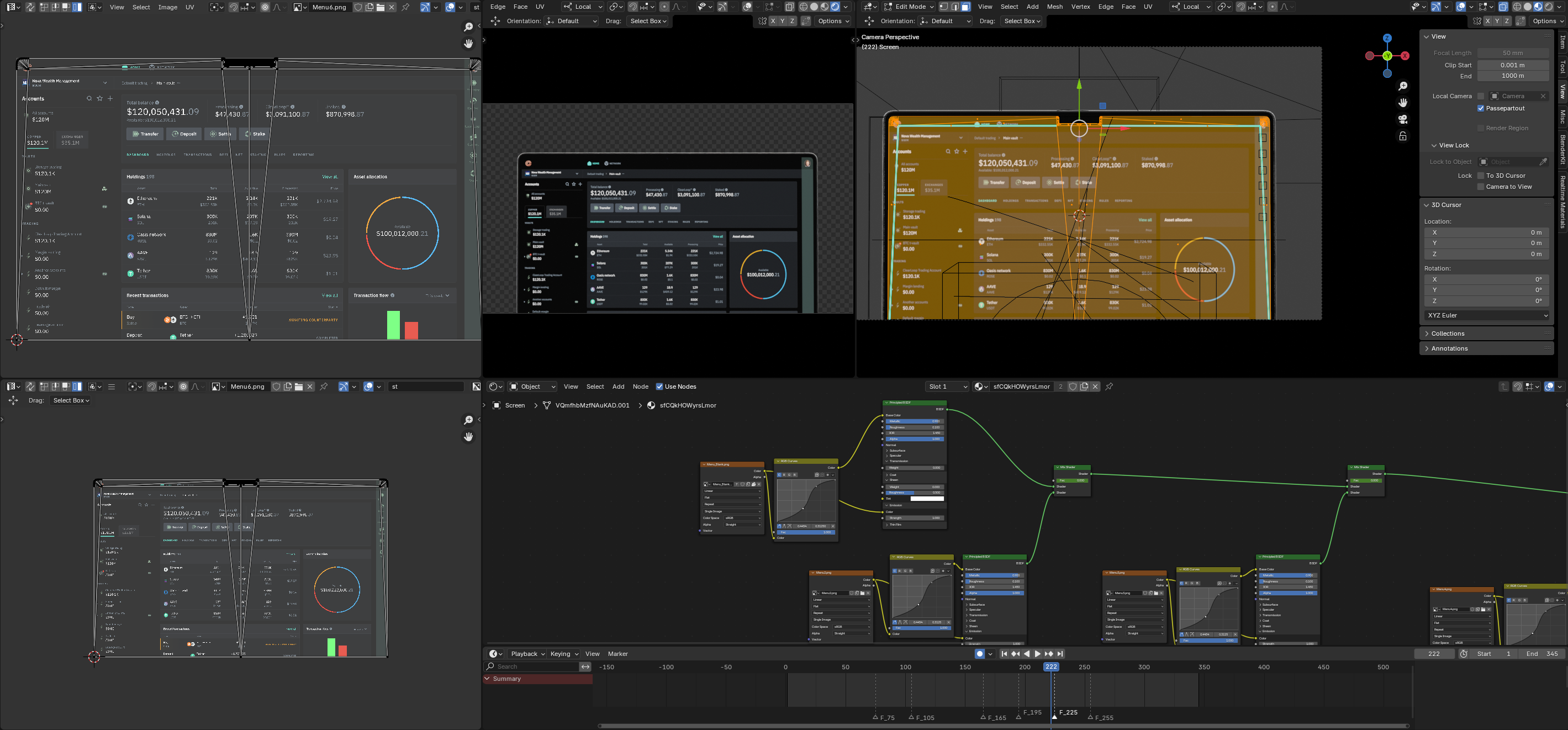 Blender workspace showing a 3D interface animation setup for corporate video production.