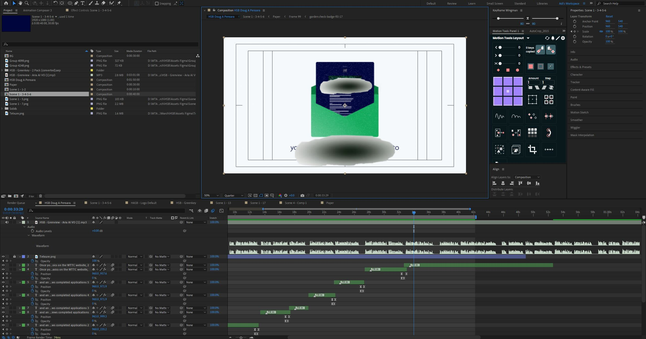 Adobe After Effects workspace editing an animated corporate video production with motion graphics, audio, and timeline layers.
