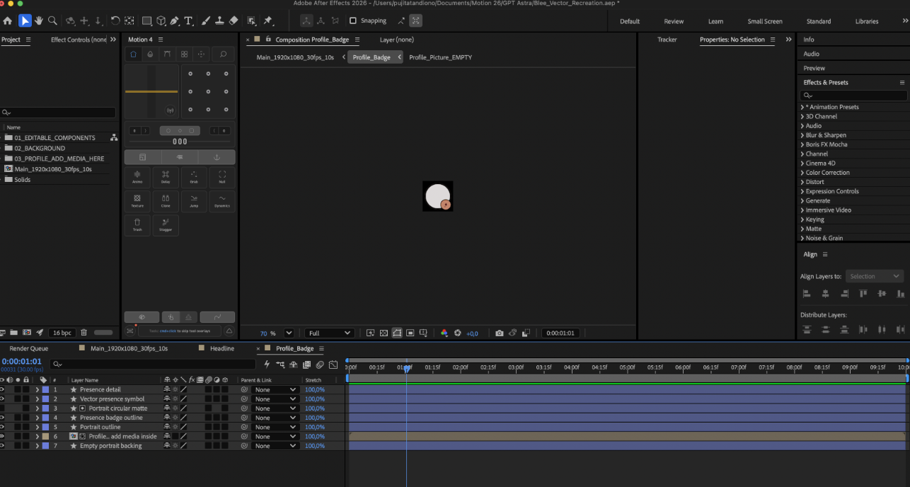 GPT-6 Astra review showing native editable After Effects layers used to rebuild the profile badge from a flat UI reference.