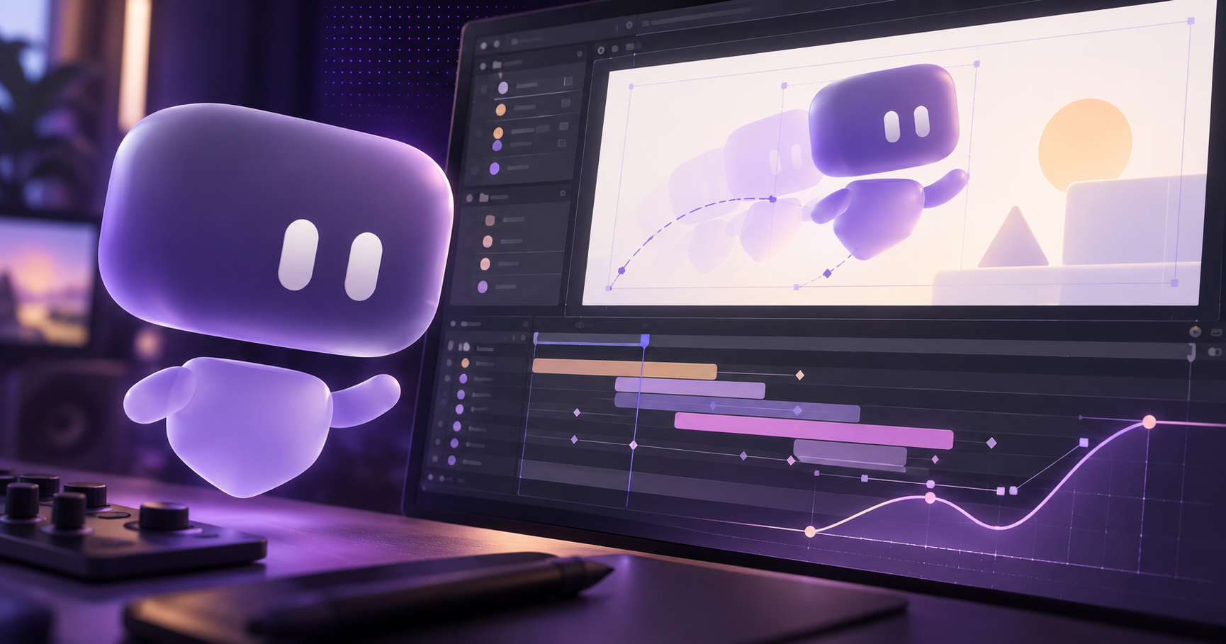Purple ghost mascot beside an After Effects workspace showing animation layers, keyframes and easing curves for Motion The Agency’s GPT-6 Astra review.