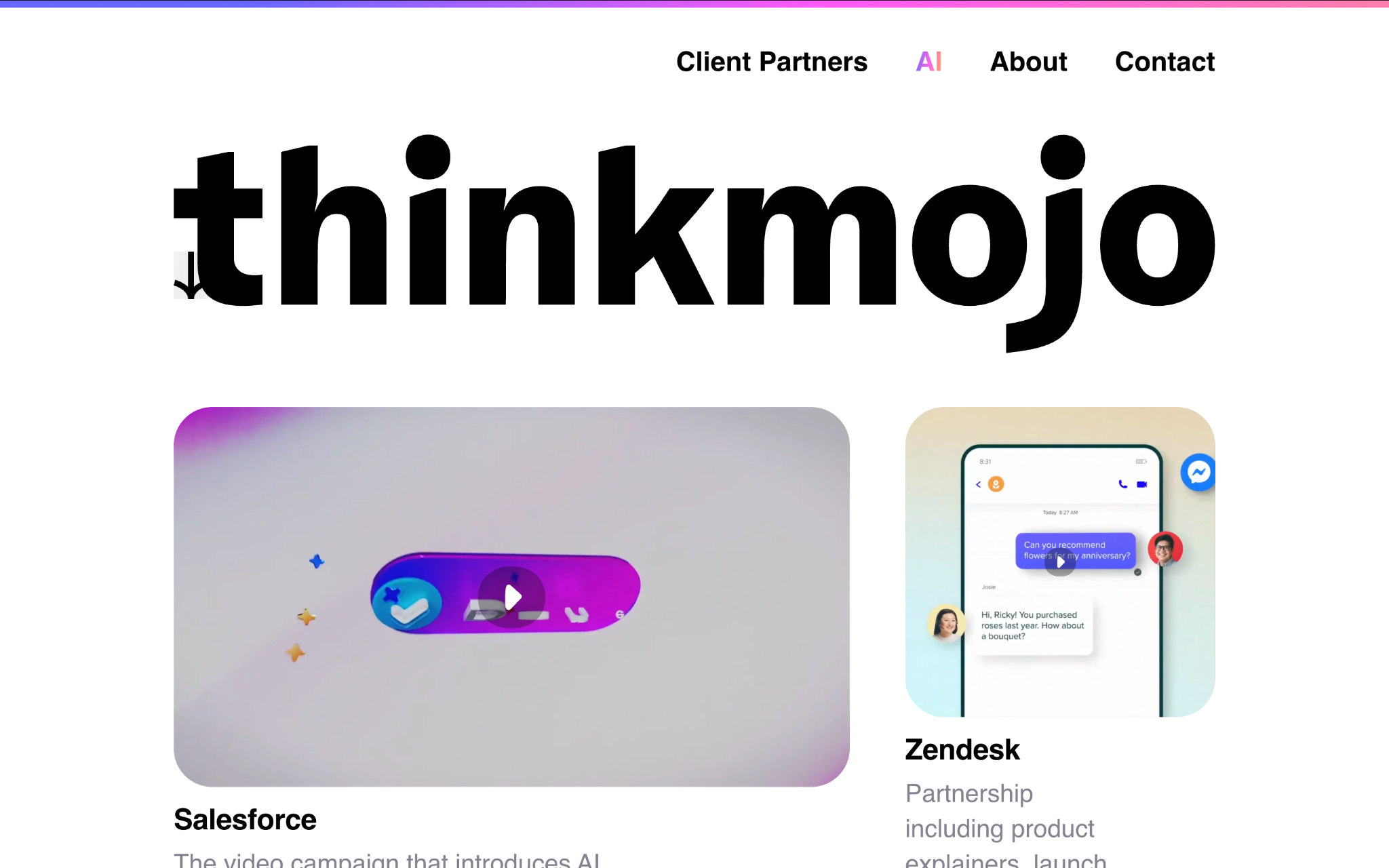 Thinkmojo’s website showcasing SaaS explainer video projects for Salesforce and Zendesk.