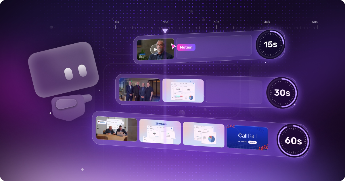 Commercial video length comparison showing 15-, 30-, and 60-second editing timelines beside a purple ghost mascot.