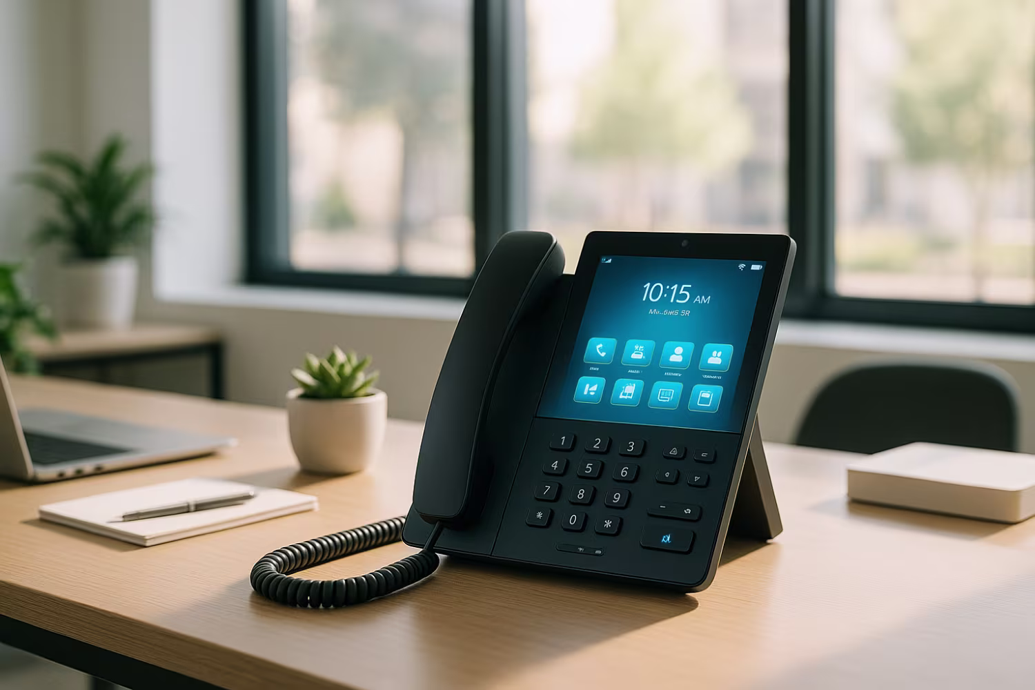 Glowing VoIP phone in modern office