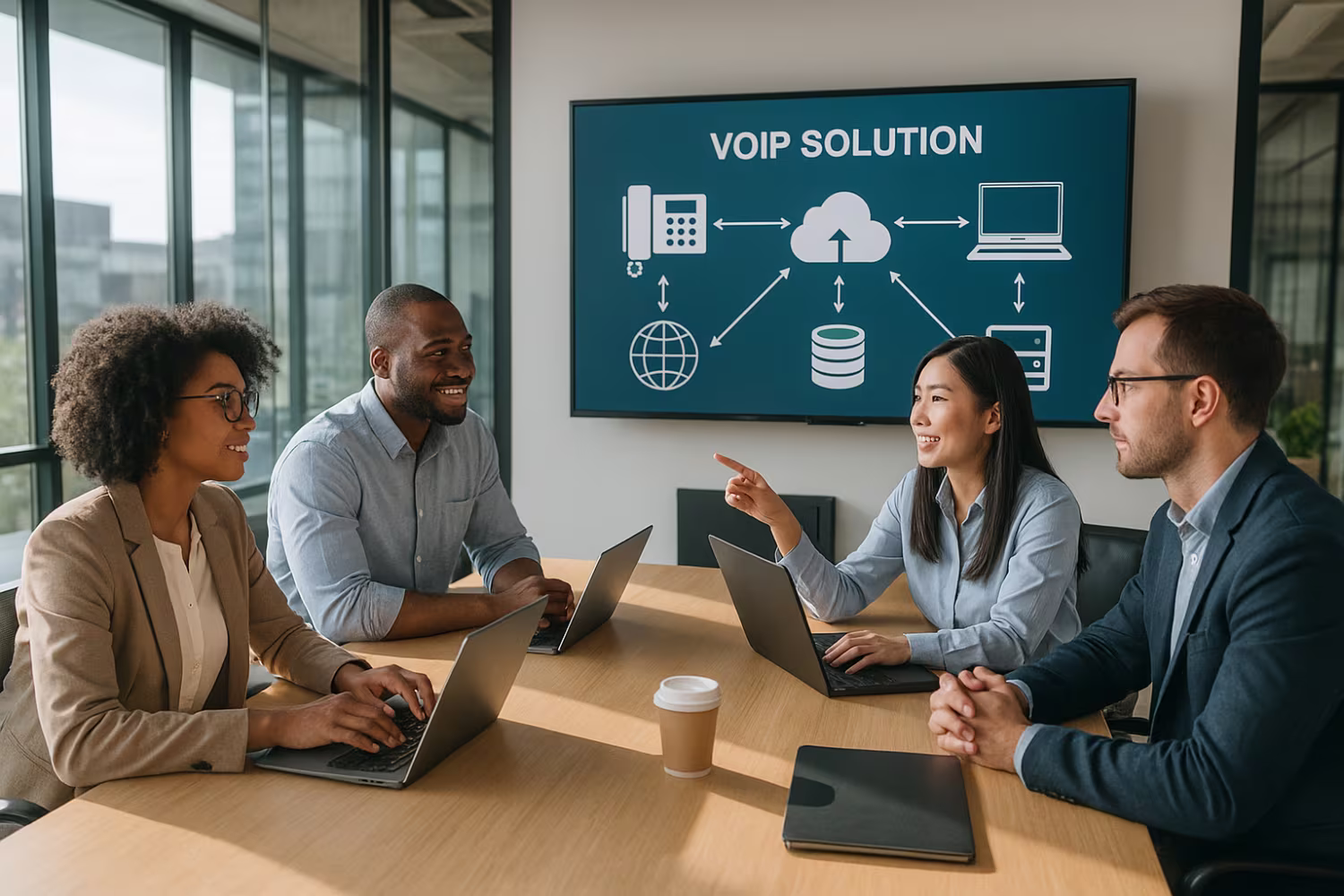 Diverse team discussing business VoIP solutions