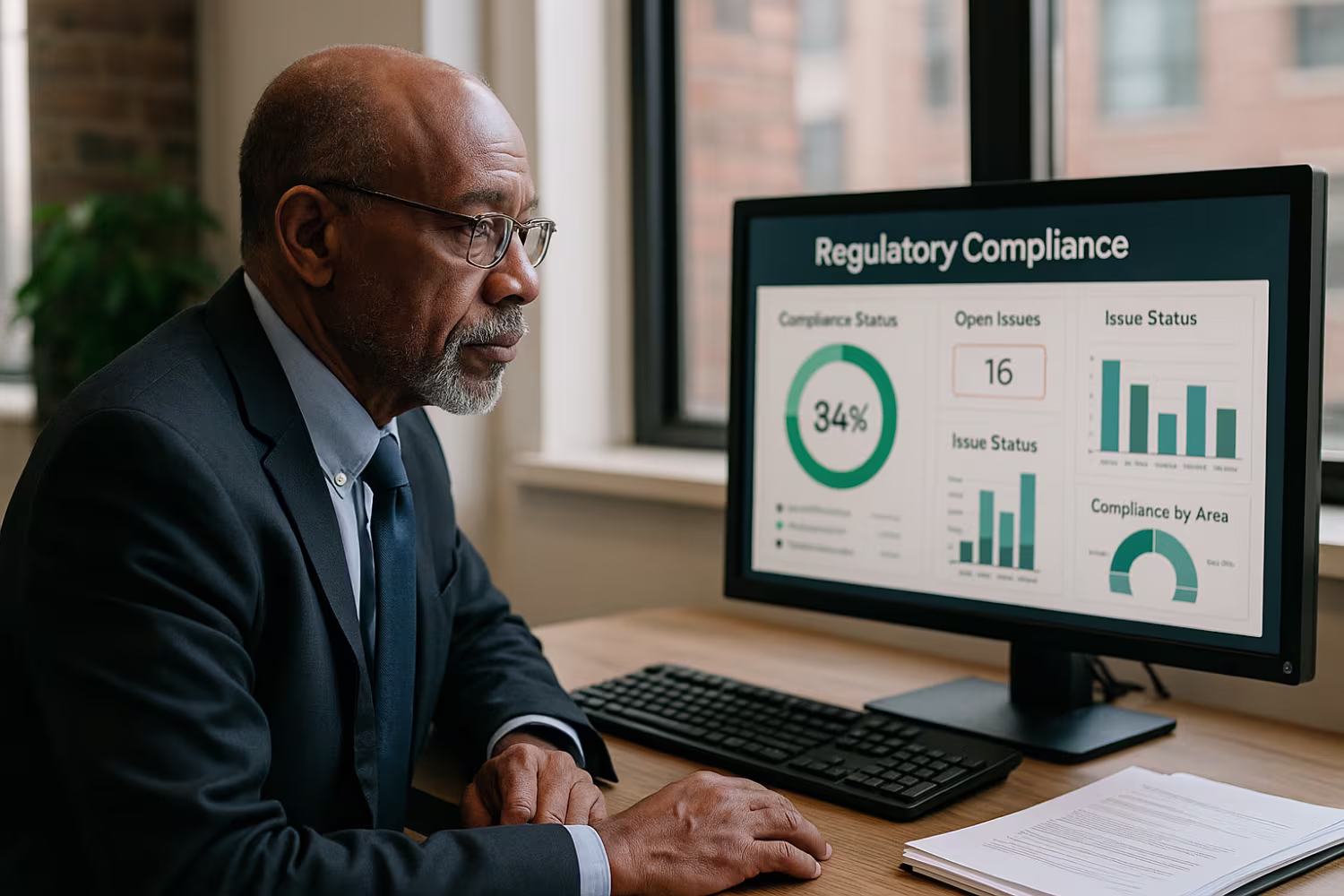 Compliance officer reviewing regulatory management dashboard