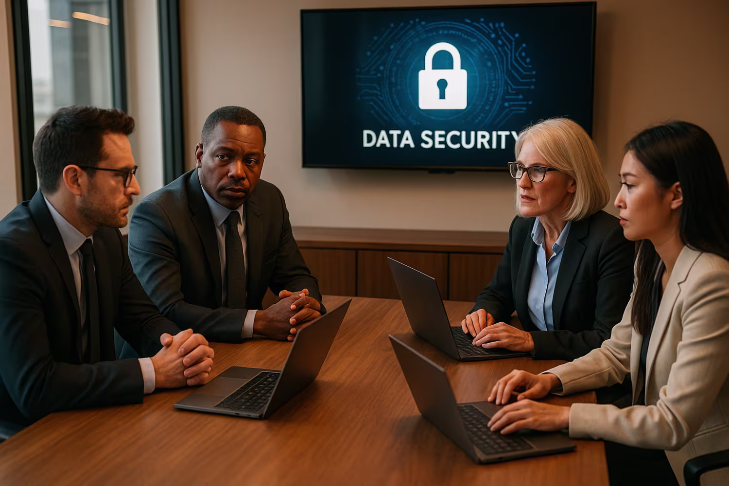 Professionals discussing endpoint security management