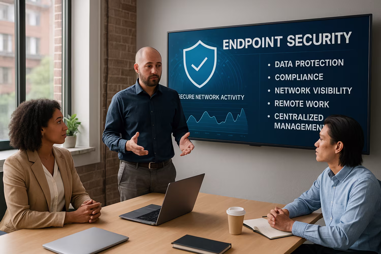 Professionals discussing endpoint security management