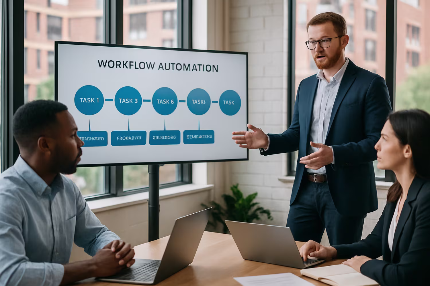 Diverse team discussing workflow automation